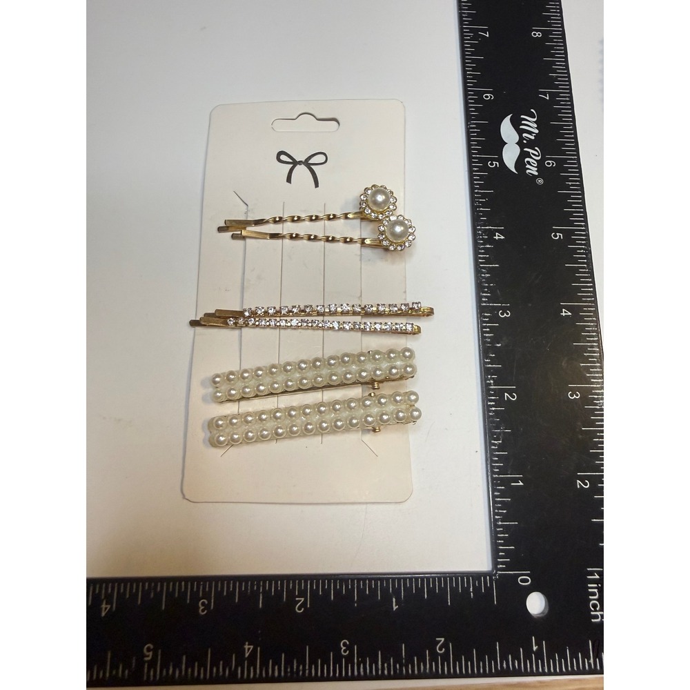 Gold Pearl Rhinestone Hair Clip Set 6pc Bobby Pins Faux Pearl Barrettes Bridal